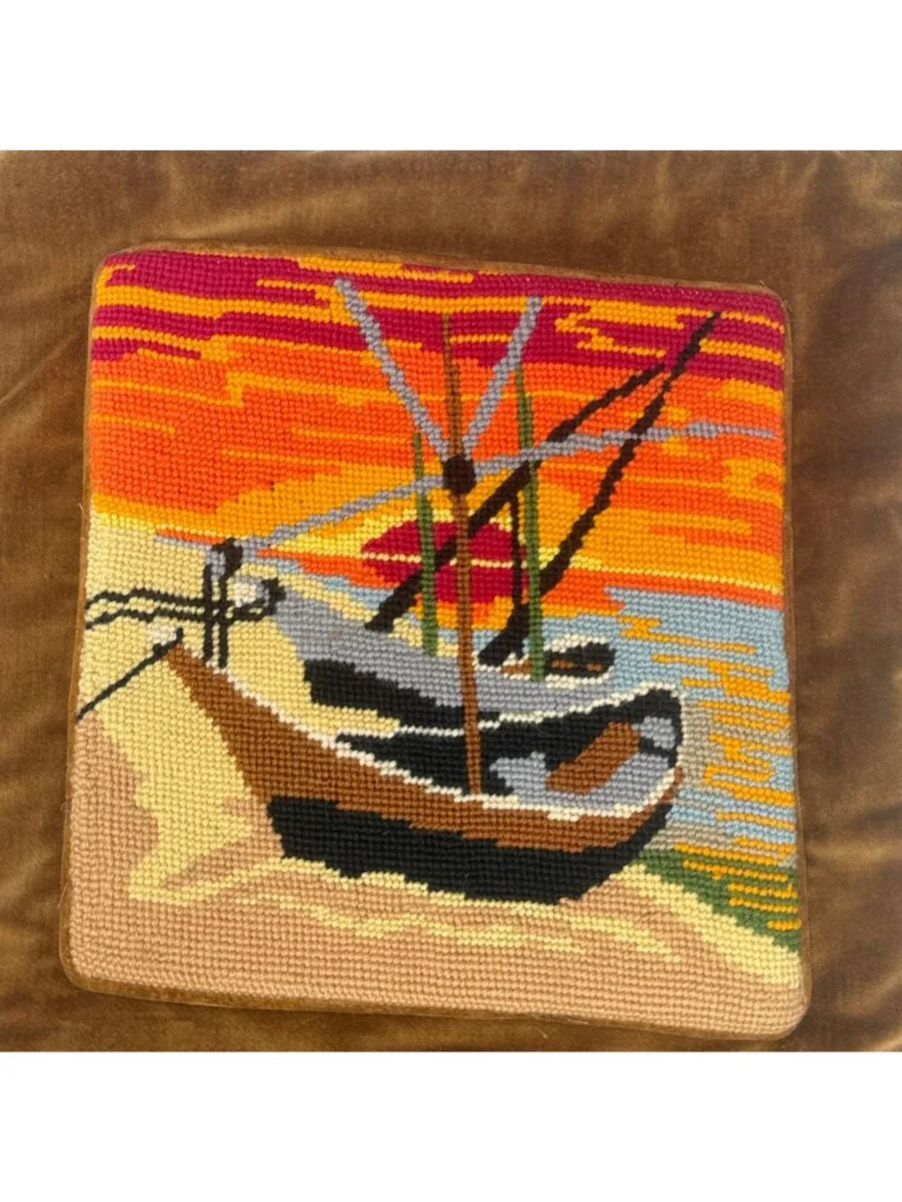 Vintage Needlepoint Pillow Cover Sunset Boats MCM Brown Velveteen Zippered 14.5